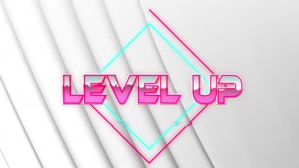 Animatie Van Level Omhoog Tekst Roze Metallic Letters Neon Lijnen — Stockvideo