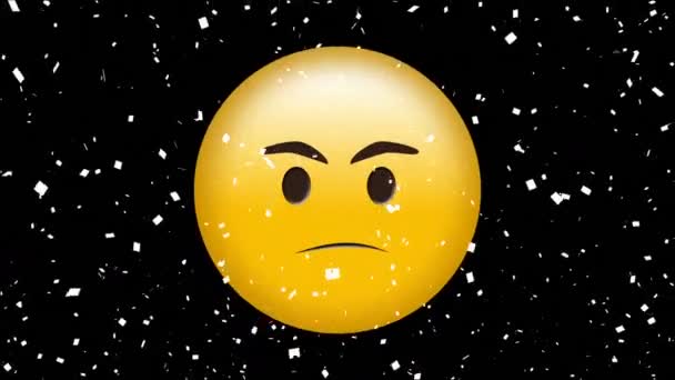 Digital Animation Confetti Falling Angry Face Emoji Black Background Expression — Stock Video