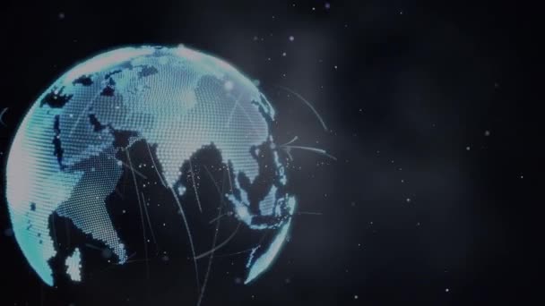 Digital Animation Light Trails Spinning Globe Black Background Global Networking — Stock Video