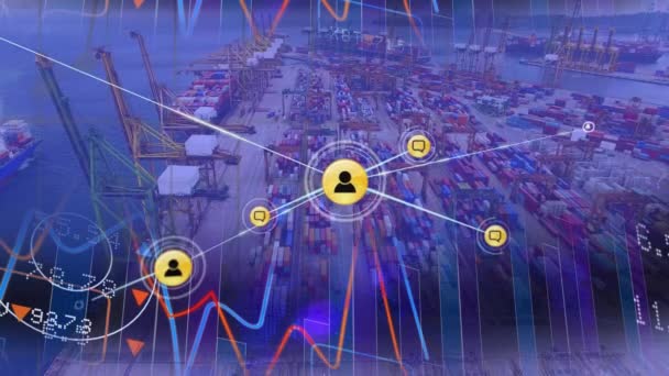 Animace Sítě Připojení Ikonami Přes Port Globální Námořní Dodací Obchodní — Stock video