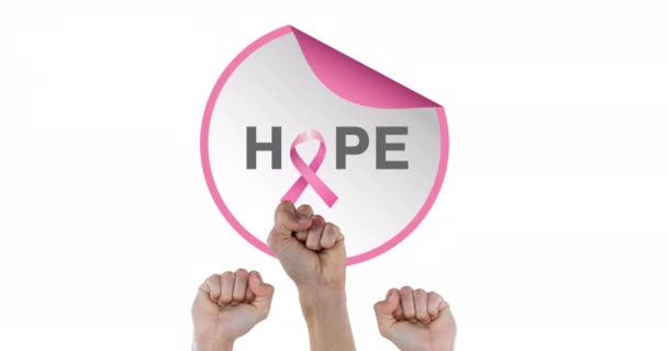 Animación Del Logotipo Cinta Rosa Con Texto Esperanza Sobre Puños — Vídeos de Stock
