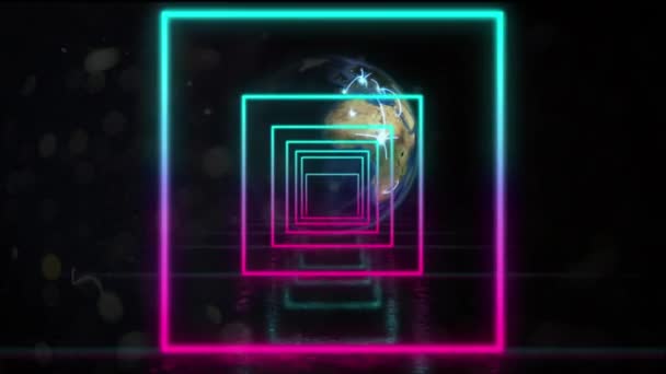 地球上の輝くネオントンネルのアニメーション 世界的なつながり空間と色の概念をデジタルで生成し — ストック動画