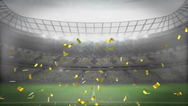 球和意大利面的动画飘落在体育场上空 体育和庆祝概念数码视频 — 图库视频影像