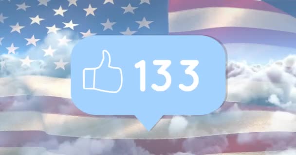 Icon Increasing Numbers Blue Speech Bubble Waving American Flag Sky — Vídeos de Stock