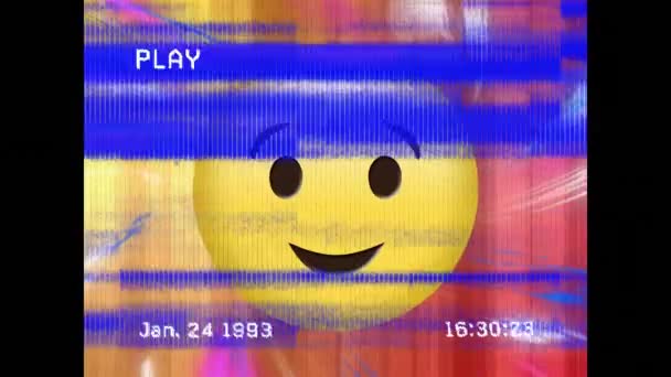Vhs Glitch Effect Winking Face Emoji Digital Waves Gradient Background — Stock Video