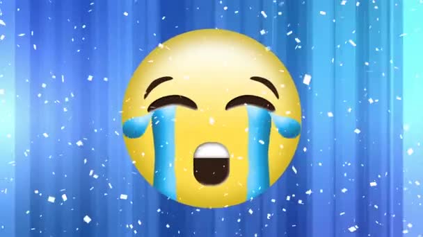 Animation Ledsen Emoji Ikon Över Fallande Konfetti Blå Bakgrund Globalt — Stockvideo