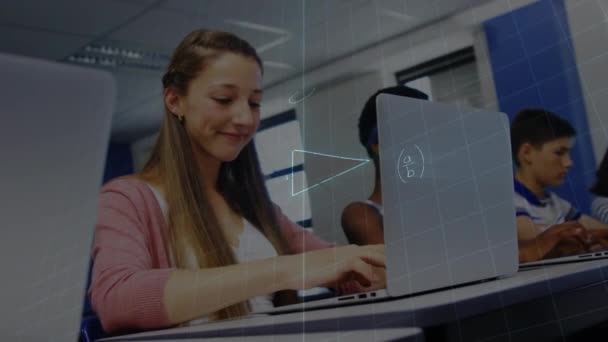 小学时使用笔记本电脑对高加索女孩的数学方程漂浮着 回到学校和教育的概念 — 图库视频影像