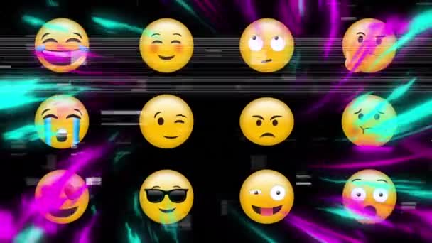 Animation Emojis Icons Purple Blue Lights Global Social Media Communication — Stock Video