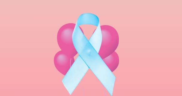 Animation Flying Pink Balloons Blue Ribbon Logo Breast Cancer Positive — Vídeo de stock