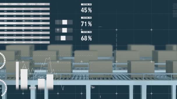 Statistical Data Processing Multiple Boxes Conveyor Belt Blue Background Logistics — Stock Video