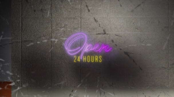 Neon Open Hours Text Grey Brick Wall Background Neon Advertising — Vídeos de Stock