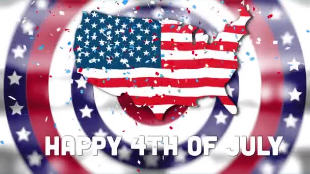 円上のアメリカ国旗とアメリカ国旗の模様を地図で描いた7月4日のテキストのアニメーション 愛国心独立お祝いのコンセプトデジタルで生成されたビデオ — ストック動画