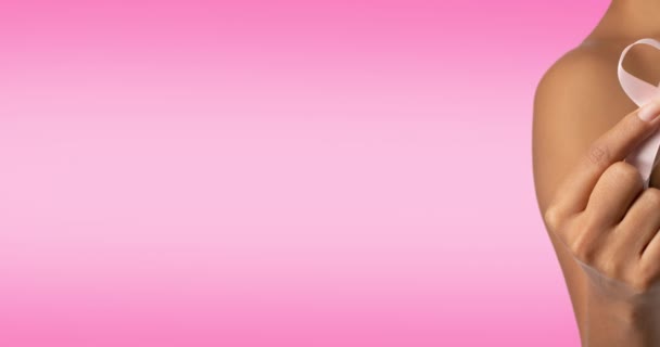 Animation Pink Ribbon Logo Hope Text Woman Covering Breast Breast — Stock Video