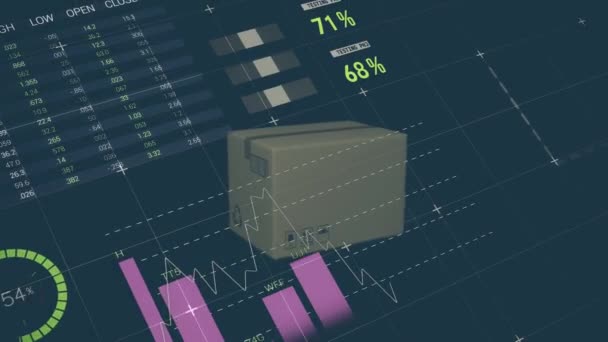 Processamento Dados Estatísticos Contra Caixa Entrega Caindo Contra Fundo Azul — Vídeo de Stock