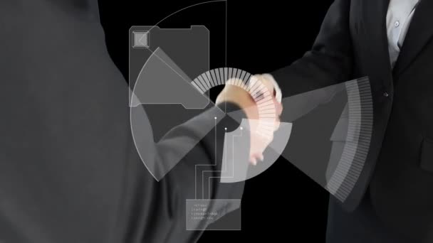 Анимация Сканирования Размаха Над Бизнесменами Пожимающими Руки Глобальный Бизнес Успех — стоковое видео