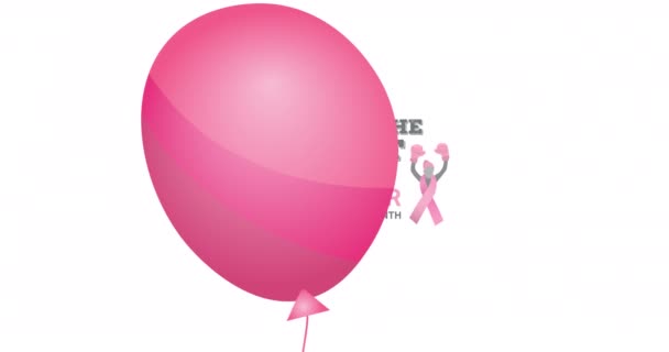 Animatie Van Vliegende Roze Ballon Roze Lint Logo Borstkanker Tekst — Stockvideo