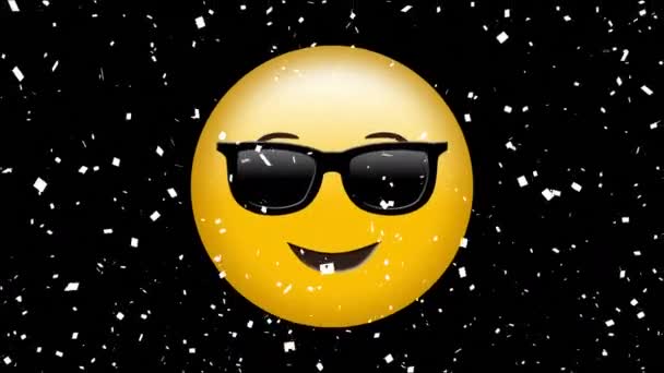 Цифровая Анимация Конфетти Падающих Лицо Солнечных Очках Смайлик Черном Фоне — стоковое видео
