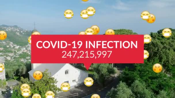 Covid Infekce Text Rostoucím Počtem Tvář Emojis Proti Leteckému Pohledu — Stock video