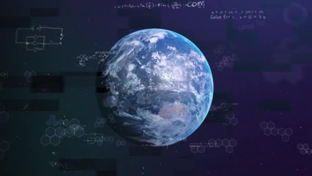 Equações Matemáticas Estruturas Químicas Flutuando Sobre Globo Contra Fundo Azul — Vídeo de Stock