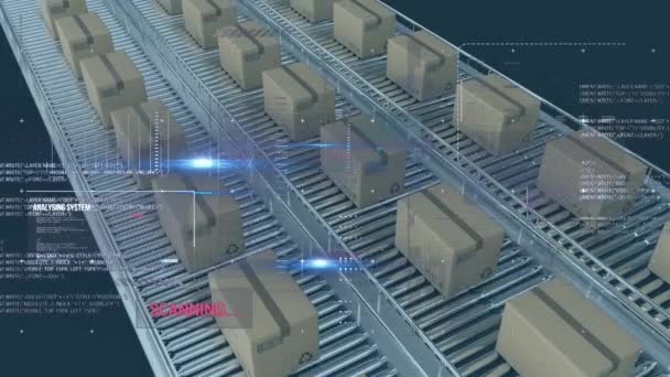 Interface Digital Com Processamento Dados Várias Caixas Correia Transportadora Contra — Vídeo de Stock