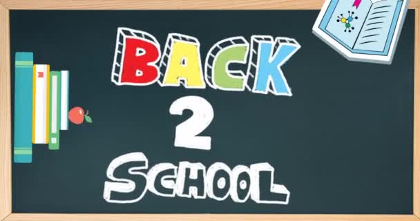 Animatie Van Terug Naar School Tekst Schoolartikelen Pictogrammen Zwarte Achtergrond — Stockvideo