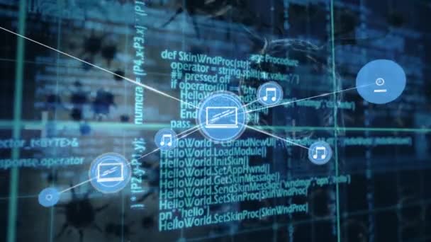 青色の背景に複数のCovid 19細胞に対するデジタルアイコンとデータ処理のネットワーク コロナウイルスCovid 19パンデミックの概念 — ストック動画