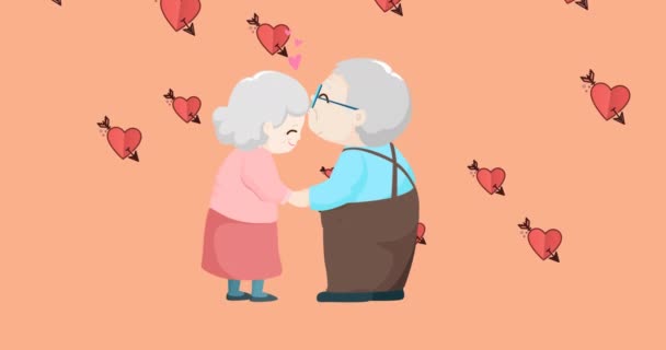 Komposition Von Großeltern Die Sich Über Herz Ikonen Küssen Glückliche — Stockvideo