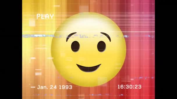 Efeito Falha Vhs Sobre Emoji Cara Piscando Contra Ondas Digitais — Vídeo de Stock