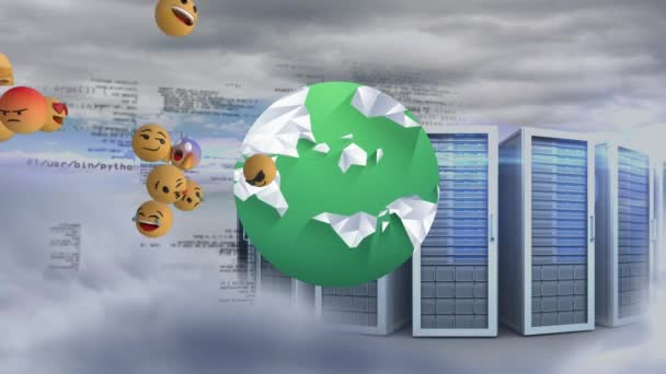 Multiple Face Emojis Floating Spinning Globe Computer Servers Clouds Sky — Stock Video