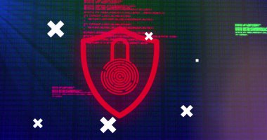 Dünya üzerindeki beyaz haçların görüntüsü, asma kilit ile veri işleme sistemi ve sunucu odasındaki ağ. haberleşme teknolojisi, güvenlik ve dijital ağ konsepti, dijital olarak oluşturulmuş görüntü.