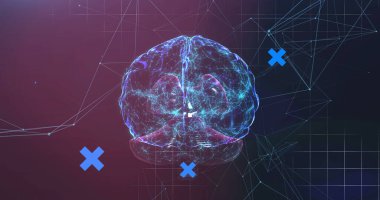 Gökyüzündeki veri işleme üzerinde mavi haçlar, bağlantılar ağı ve siyah üzerine beyin. iletişim teknolojisi ve dijital arayüz kavramı, dijital olarak oluşturulmuş görüntü.