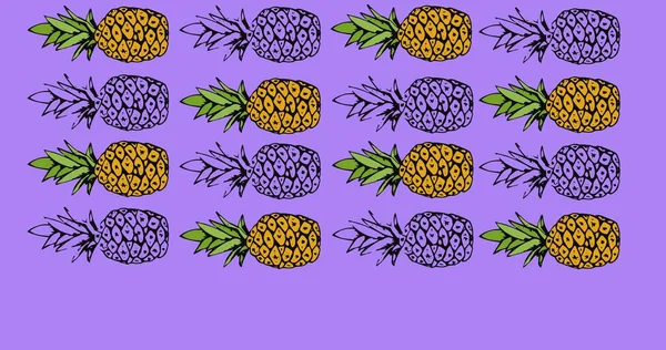 紫色の背景にパイナップルの列の構成 夏と果実と色のコンセプトがデジタルで生成され — ストック写真