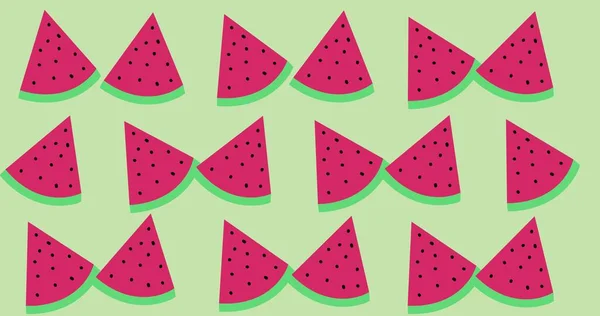 Samenstelling Van Rijen Watermeloen Plakjes Groene Achtergrond Zomer Fruit Kleur — Stockfoto