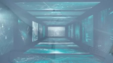 Animation of screens with data processing over businessmen shaking hands. global business, success, digital interface and data processing concept digitally generated video.