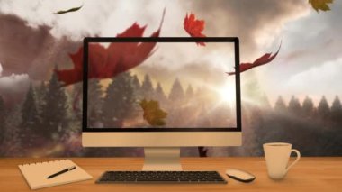 Animation of leaves falling over computer screen and forest. autumn, seasons, nature and technology concept digitally generated video.