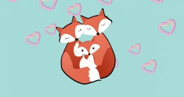 Tilki ailesinin kalp simgelerini kucaklayan bileşimi. Mutlu aile, sevgi ve destek konsepti dijital olarak oluşturulmuş imaj.