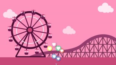 Eğlence parkına karşı yüzen birden fazla renkli kalp ikonlarının dijital animasyonu. Sosyal medya ağı ve teknoloji kavramı