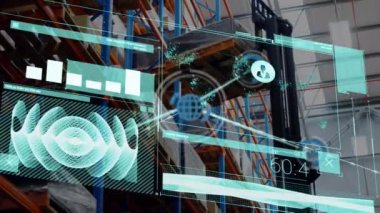 Depoda veri işleme animasyonu. küresel gönderim, dağıtım, iş, veri işleme ve teknoloji konsepti dijital olarak oluşturulmuş video.