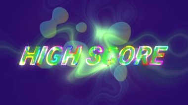 Mavi arkaplandaki lekeler üzerinden yüksek skorlu metin animasyonu. Video oyunu, eğlence ve dijital arayüz kavramı dijital olarak oluşturuldu.