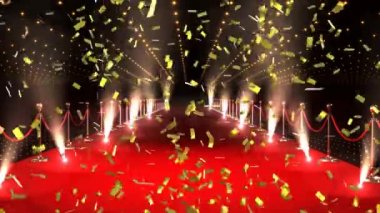 Sahne ışıkları ve kırmızı halı mekanı üzerine düşen konfeti animasyonu. eğlence, ödül töreni ve dijital olarak üretilen video konsepti.