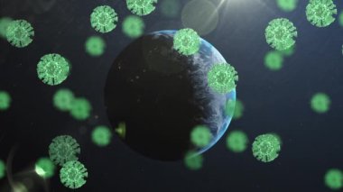 Mavi arka planda dönen dünyanın üzerinde yüzen çoklu yeşil covid-19 hücreleri. Coronavirus covid-19 salgın konsepti