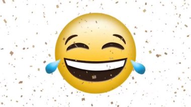 Beyaz arka planda gülen yüz emojisinin üzerine düşen konfetilerin dijital animasyonu. ifade ve iletişim kavramı