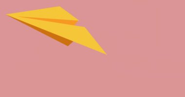 Pembe arka planda kağıt uçak dijital ikonunun animasyonu. okul, eğitim ve öğrenim konsepti dijital olarak oluşturulmuş video.