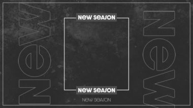 Animation of white text new season, with central white frame and blank space on grey background. digital interface, online shopping and retail template concept, digitally generated video.