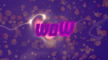 Animation of wow text over colorful lights and glowing energy on blue background. video game, entertainment and digital interface concept digitally generated video.