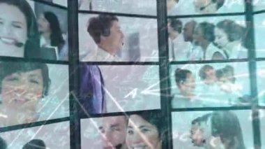 Kulaklık kullanan iş adamlarıyla ekranlar üzerinden matematik denklemlerinin animasyonu. küresel iş, finans, iletişim ve veri işleme kavramı dijital olarak oluşturulmuş video.
