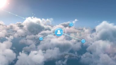 Gökyüzündeki simgelerle bağlantılı ağların animasyonu. küresel çevrimiçi bağlantılar, veri işleme ve dijital arayüz kavramı dijital olarak oluşturulmuş video.