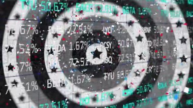 Animation of stock market over black and white american flag stars and coloured on circles. patriotism and celebration concept digitally generated video.