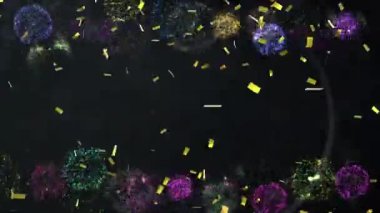 Konfeti düşüşü ve havai fişek animasyonu. Yeni yıl partisi, gelenek ve kutlama konsepti dijital olarak oluşturuldu.