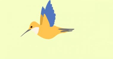 Sarı arka planda uçan tropikal kuşun animasyonu. Doğa, tropikal kuş, yaz ve tatil konsepti dijital olarak üretilen video.